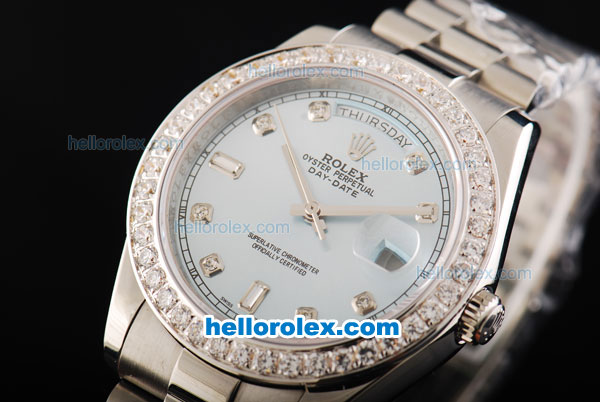 Rolex Day Date II Automatic Movement Full Steel with Diamond Bezel-Diamond Markers and Light Blue Dial - Click Image to Close